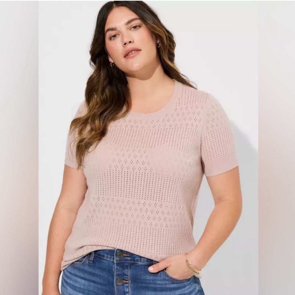 Torrid Everyday Soft Pointelle Pullover Short Sleeve Knit Sweater Beige Sz 2